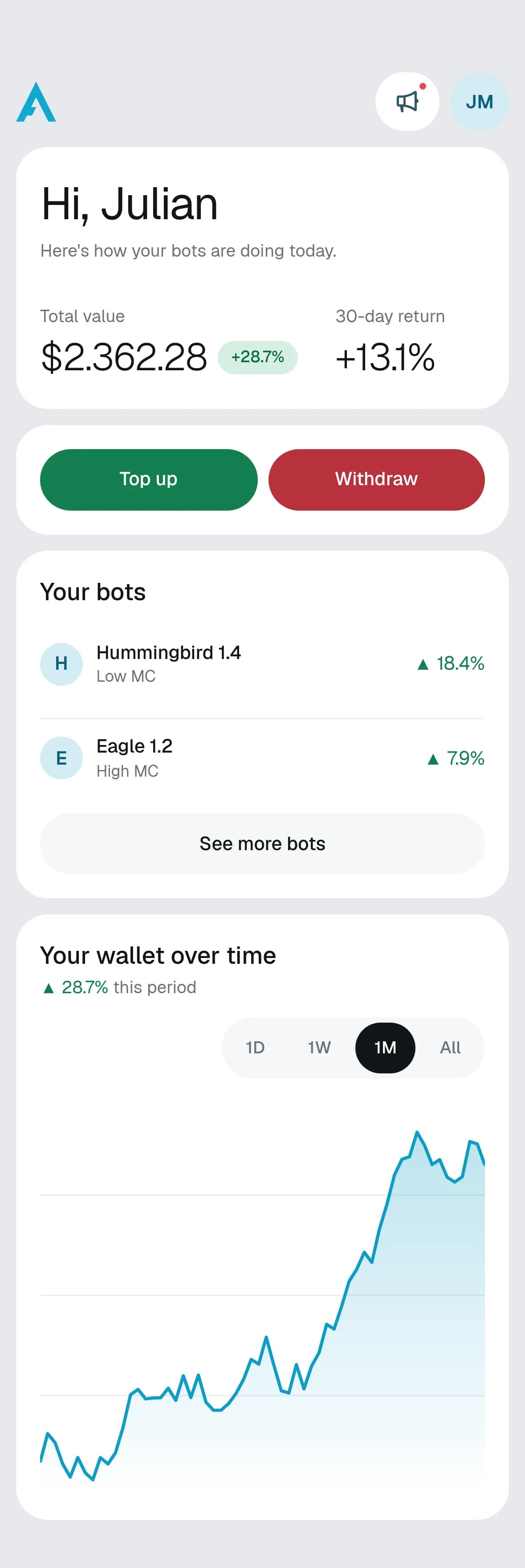 Panel de Agenty en el móvil: valor total, recargar y retirar, tus bots y evolución de la wallet